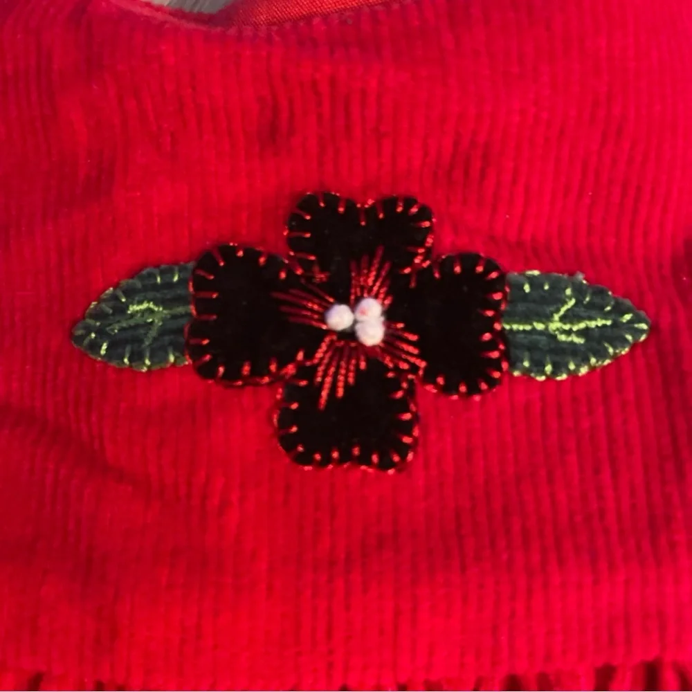 Vintage Red Corduroy Embroidered Girl 3T Dress Plaid Scottish Dog Floral Hearts - Picture 5 of 7